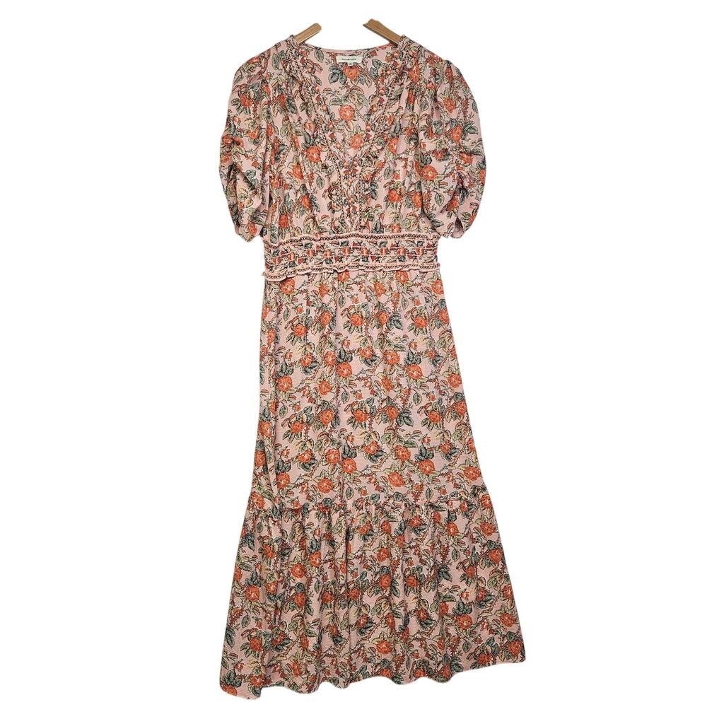 Max Studio Orange Floral Print Smocked Waist Tiered Midi Dress Sz M
